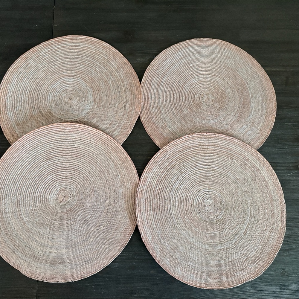 Crate & Barrel Set of 4 Tropical Palm Wicker Placemats or Chargers in Gray/Mauve
